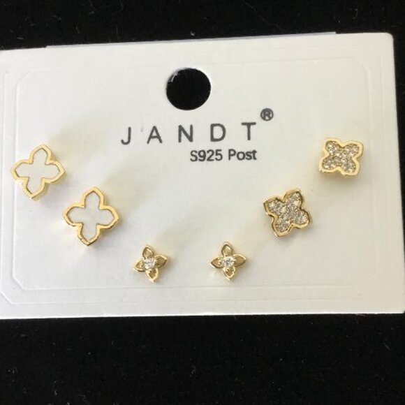 Jandt Set of Three Pair Goldtoned Clover Stud Earrings S925 Sterling Silver Post - Picture 1 of 2